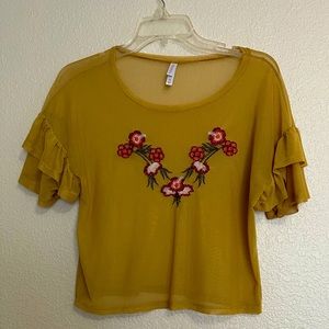 Mesh Mustard Top with Floral Embroidery X Small